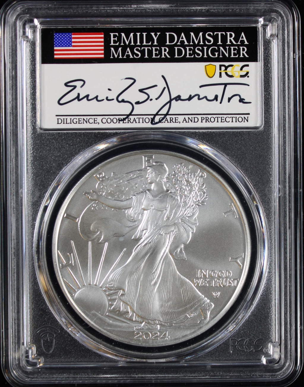 2024 Silver Eagle PCGS MS70 Damstra Signed First Day of Issue