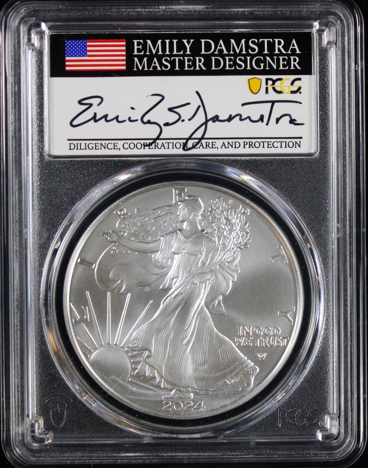 2024 Silver Eagle PCGS MS70 Damstra Signed First Day of Issue