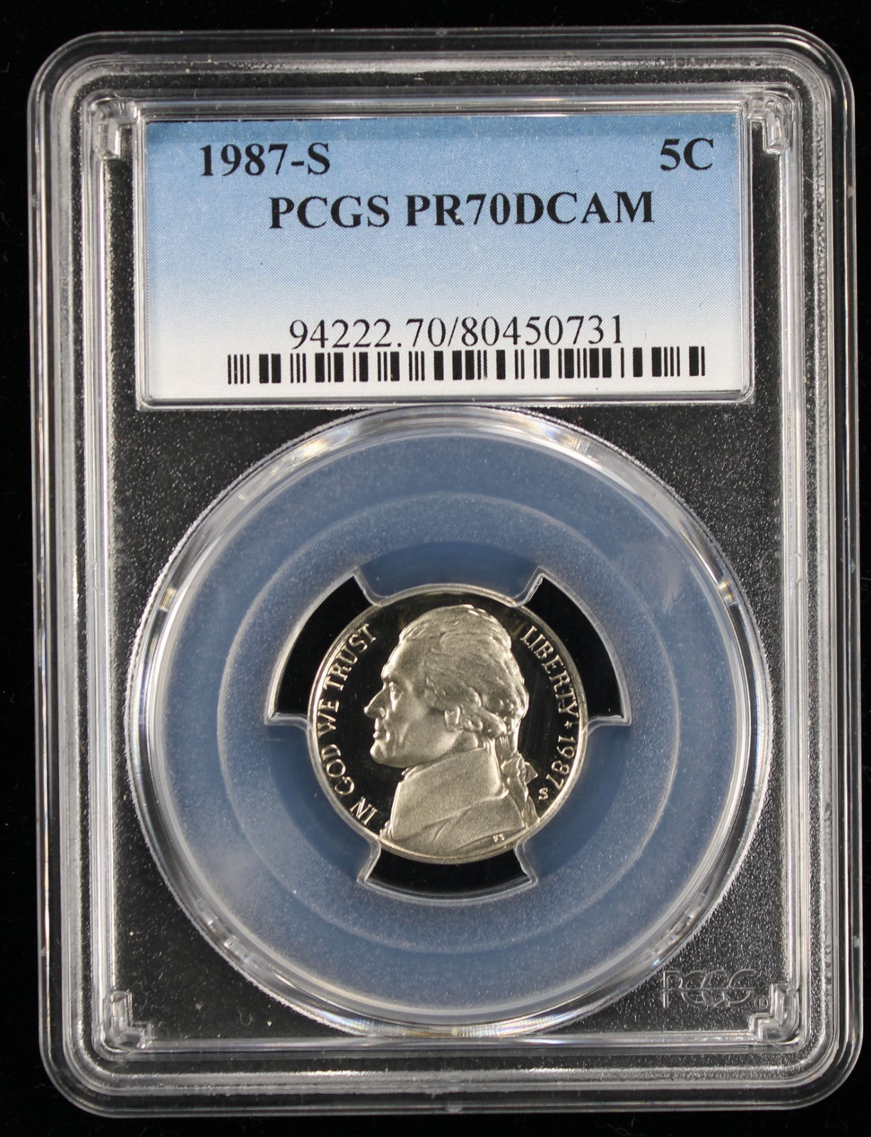 1987-S Jefferson Proof Nickel 5c PCGS PR70 DCAM Deep Cameo