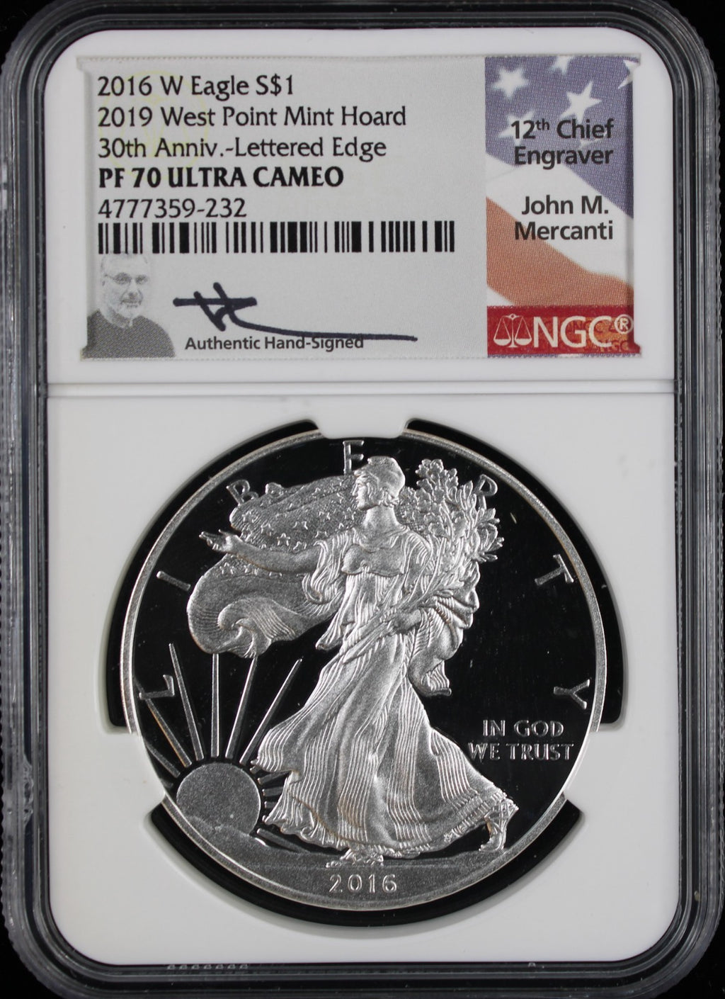2016-W Silver Eagle Lettered Edge NGC PR70UCAM Mercanti Signed