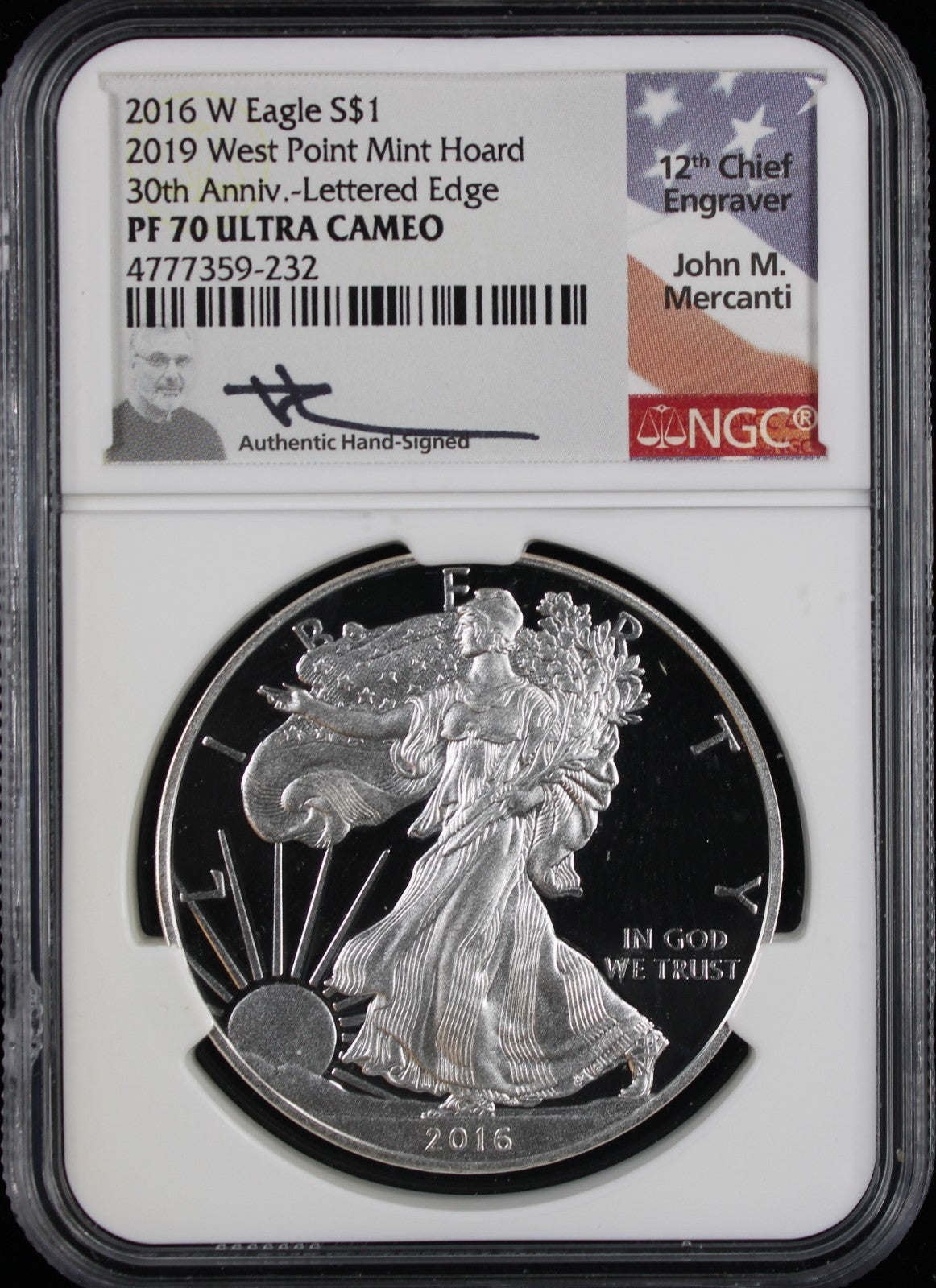 2016-W Silver Eagle Lettered Edge NGC PR70UCAM Mercanti Signed