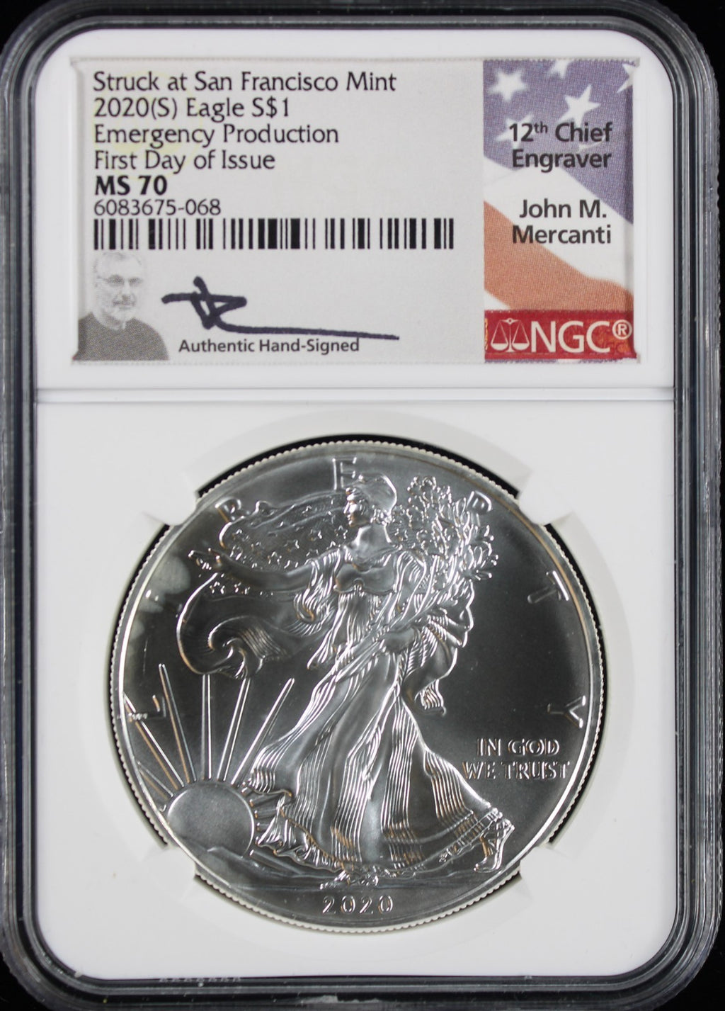 2020-S Silver Eagle NGC MS70 First Day of Issue Mercanti Signed