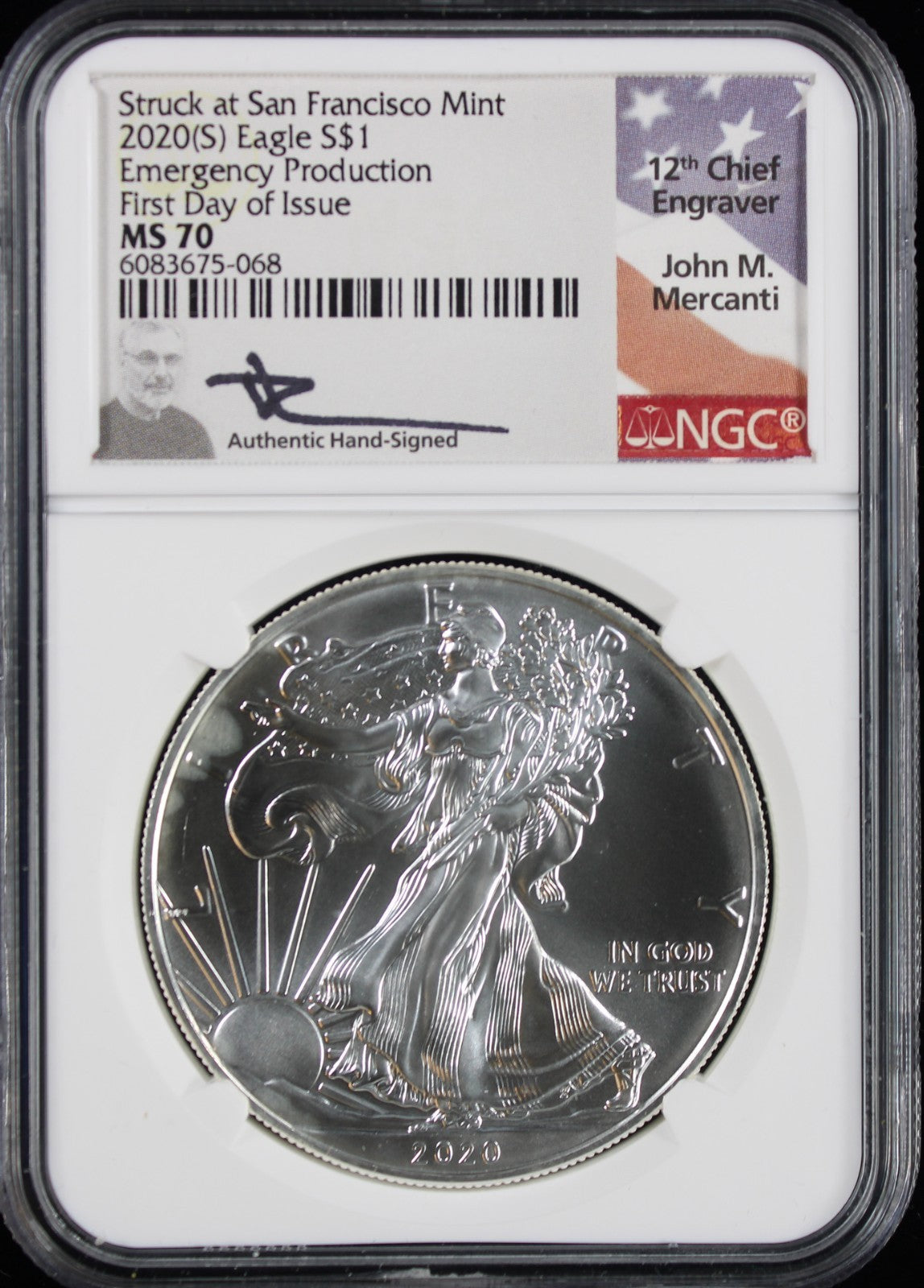 2020-S Silver Eagle NGC MS70 First Day of Issue Mercanti Signed