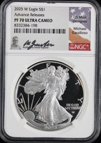 2025-W Silver Eagle NGC PF70UCAM Guadioso Signed Advance Releases