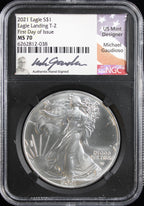2021 T2 Silver Eagle NGC MS70 First Day of Issue Guadioso Signed
