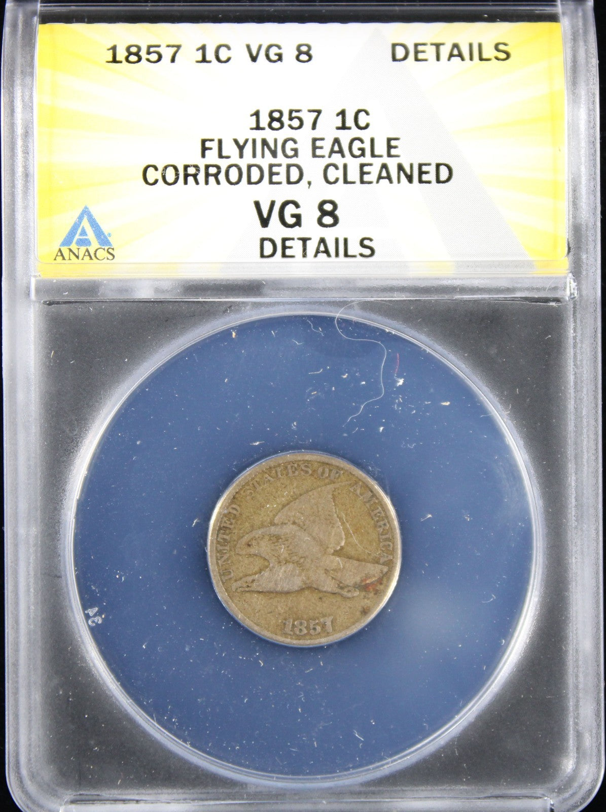 1857 Flyer Cent 1c ANACS VG8 Details