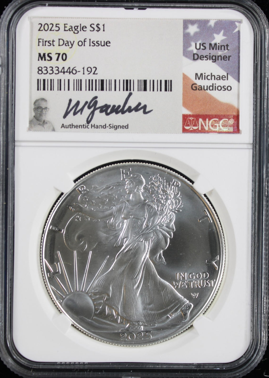 2025 Silver Eagle NGC MS70 Guadioso Signed First Day of Issue