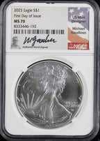 2025 Silver Eagle NGC MS70 Guadioso Signed First Day of Issue