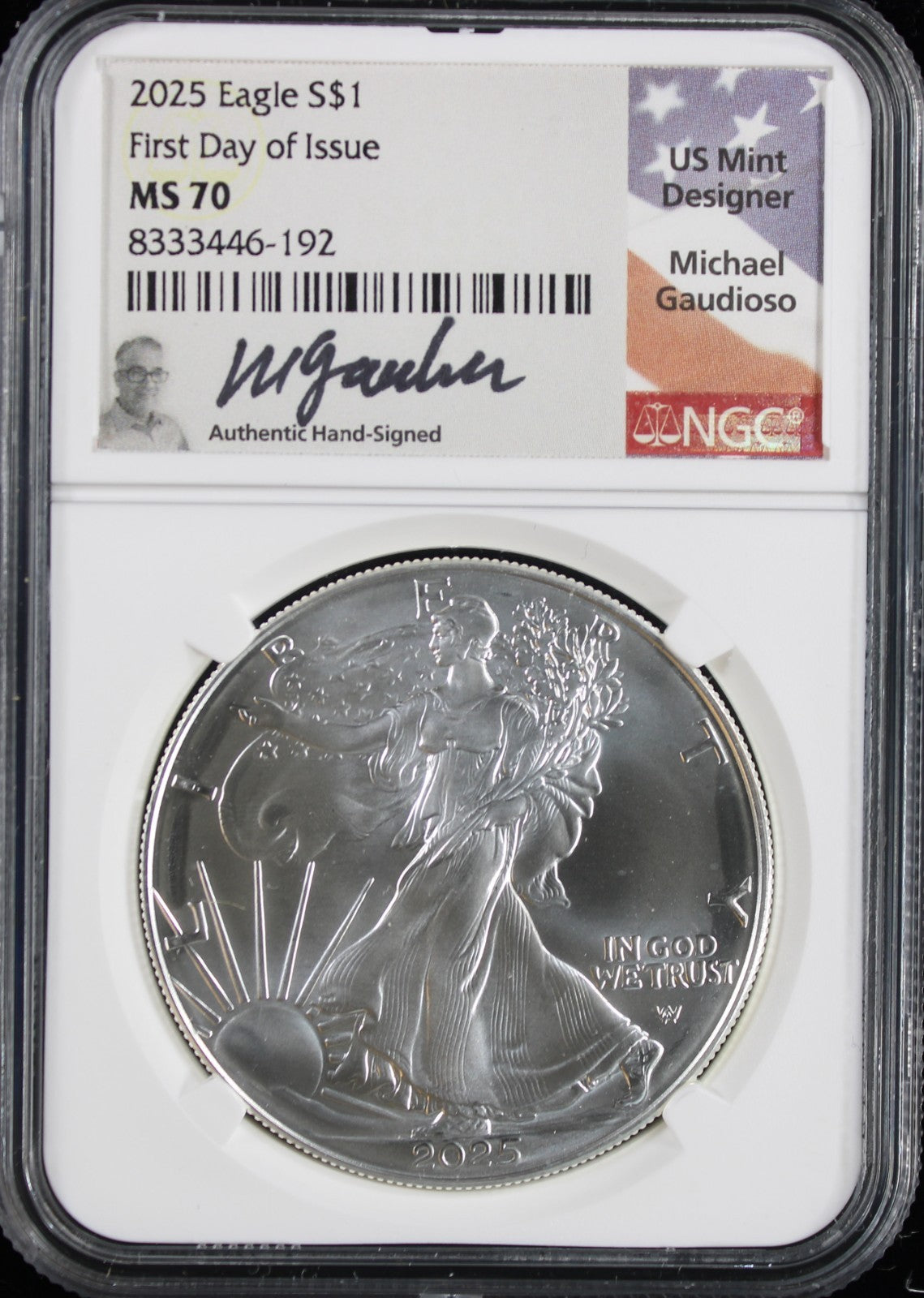 2025 Silver Eagle NGC MS70 Guadioso Signed First Day of Issue