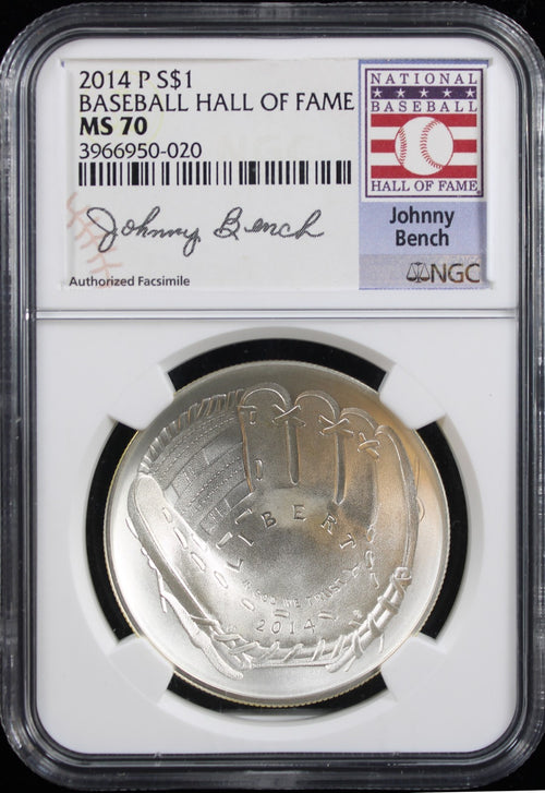 $1 Baseball Hall of Fame NGC MS70 Johnny Bench Signed