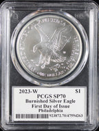 2023-W Burnished Silver Eagle PCGS MS70 Damstra Signed First Day of Issue