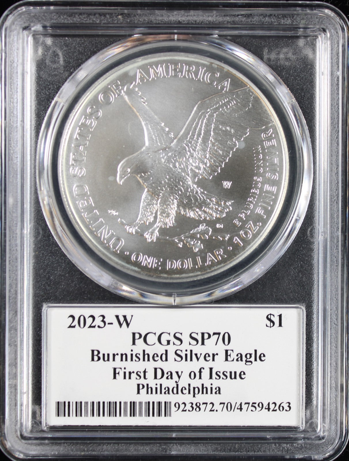 2023-W Burnished Silver Eagle PCGS MS70 Damstra Signed First Day of Issue