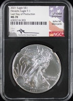 2021 Silver Eagle NGC MS70 First Day of Issue Mercanti Signed Type 1