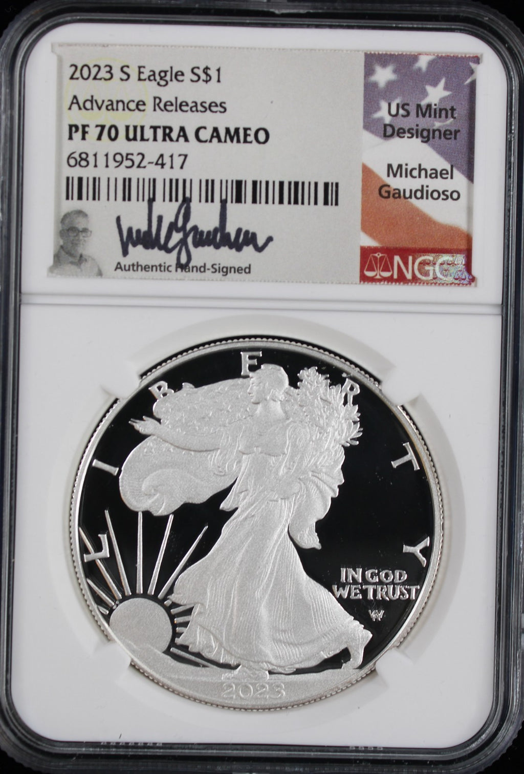 2023-S Silver Eagle NGC PR70UCAM Guadisoso Signed Advance Releases