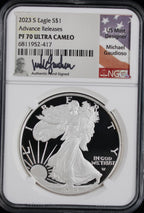 2023-S Silver Eagle NGC PR70UCAM Guadisoso Signed Advance Releases