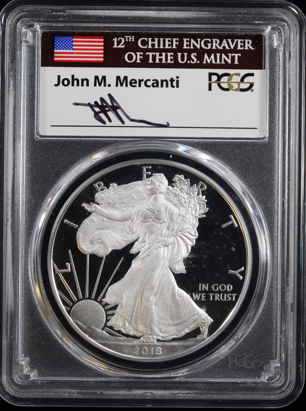 2018-W Silver Eagle PCGS PR70DCAM First Day of Issue Mercanti Signed