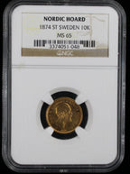 1874 St Sweden 10 Kronor NGC MS65