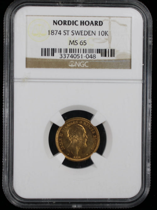 1874 St Sweden 10 Kronor NGC MS65