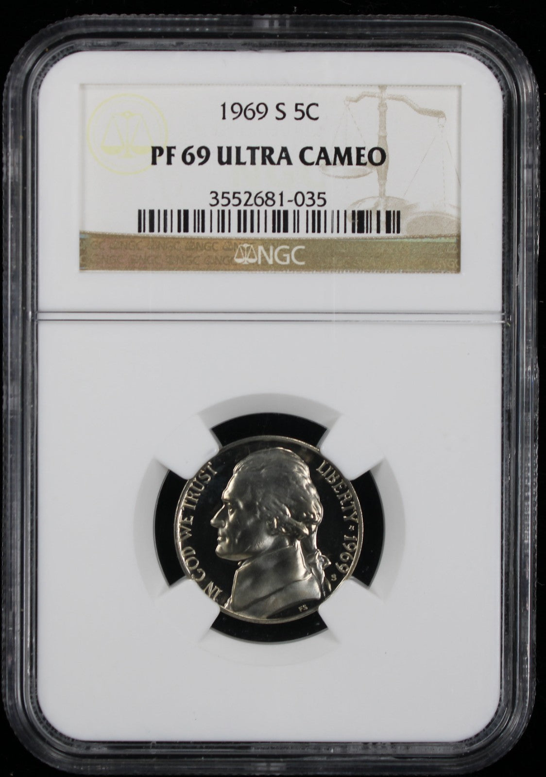 1969-S Jefferson Proof Nickel 5c NGC PF69 Ultra Cameo