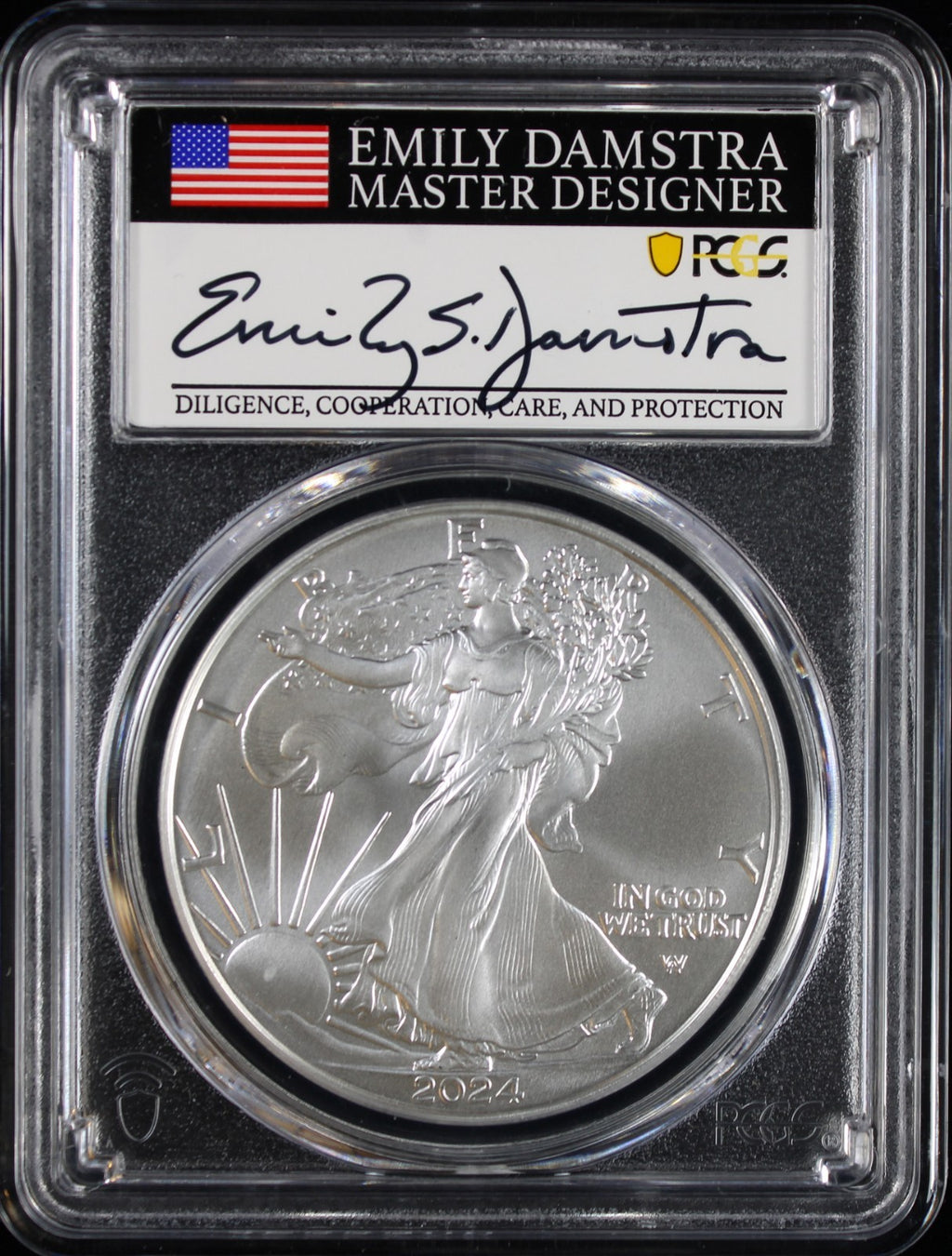 2024 Silver Eagle PCGS MS70 Damstra Signed First Day of Issue