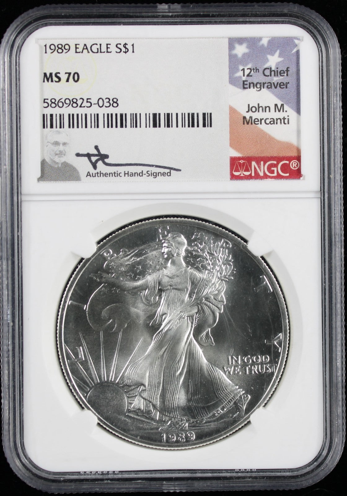 1989 Silver Eagle NGC MS70 Mercanti Label