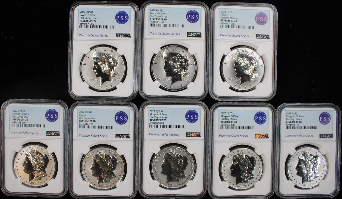 2022 Fiji Morgan and Peace 7 Coin Set First Day of Issue Reverse PF70