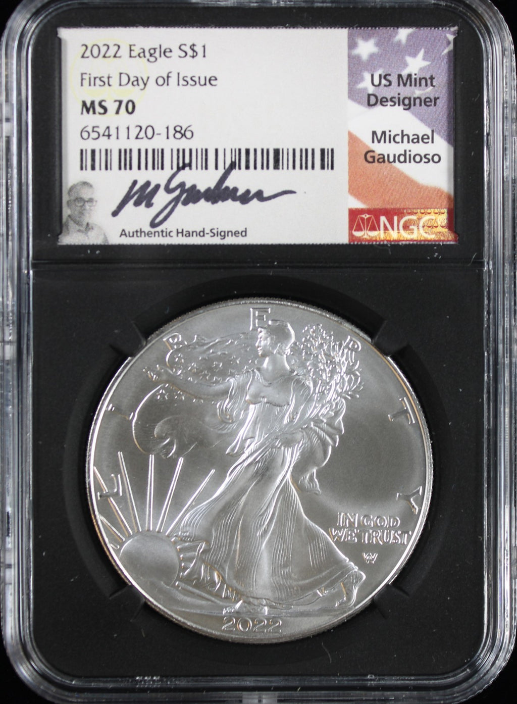 2022 Silver Eagle NGC MS70 Guadioso Signed First Day of Issue
