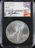 2022 Silver Eagle NGC MS70 Guadioso Signed First Day of Issue