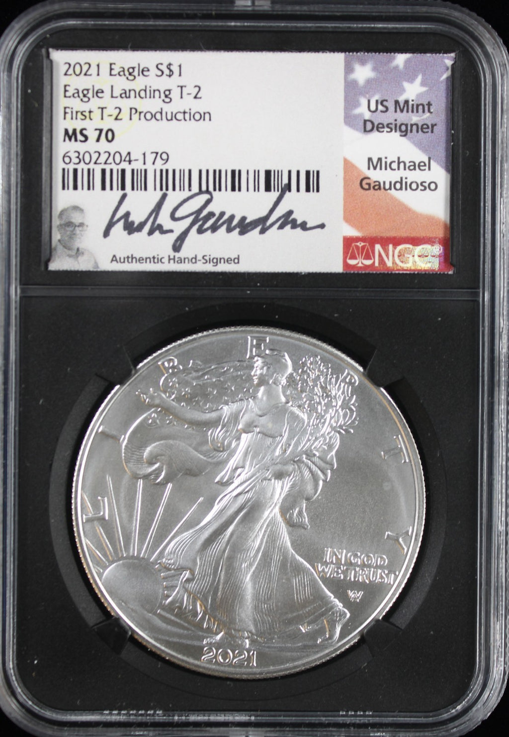 2021 Silver Eagle NGC MS70 First Day of Issue Guadioso Signed Type 2