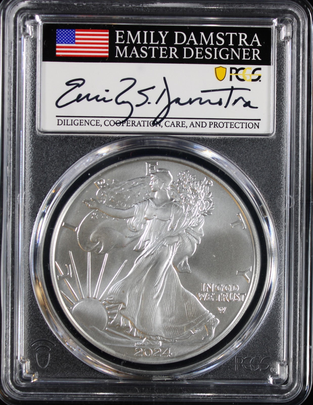 2024 Silver Eagle PCGS MS70 Damstra Signed First Day of Issue