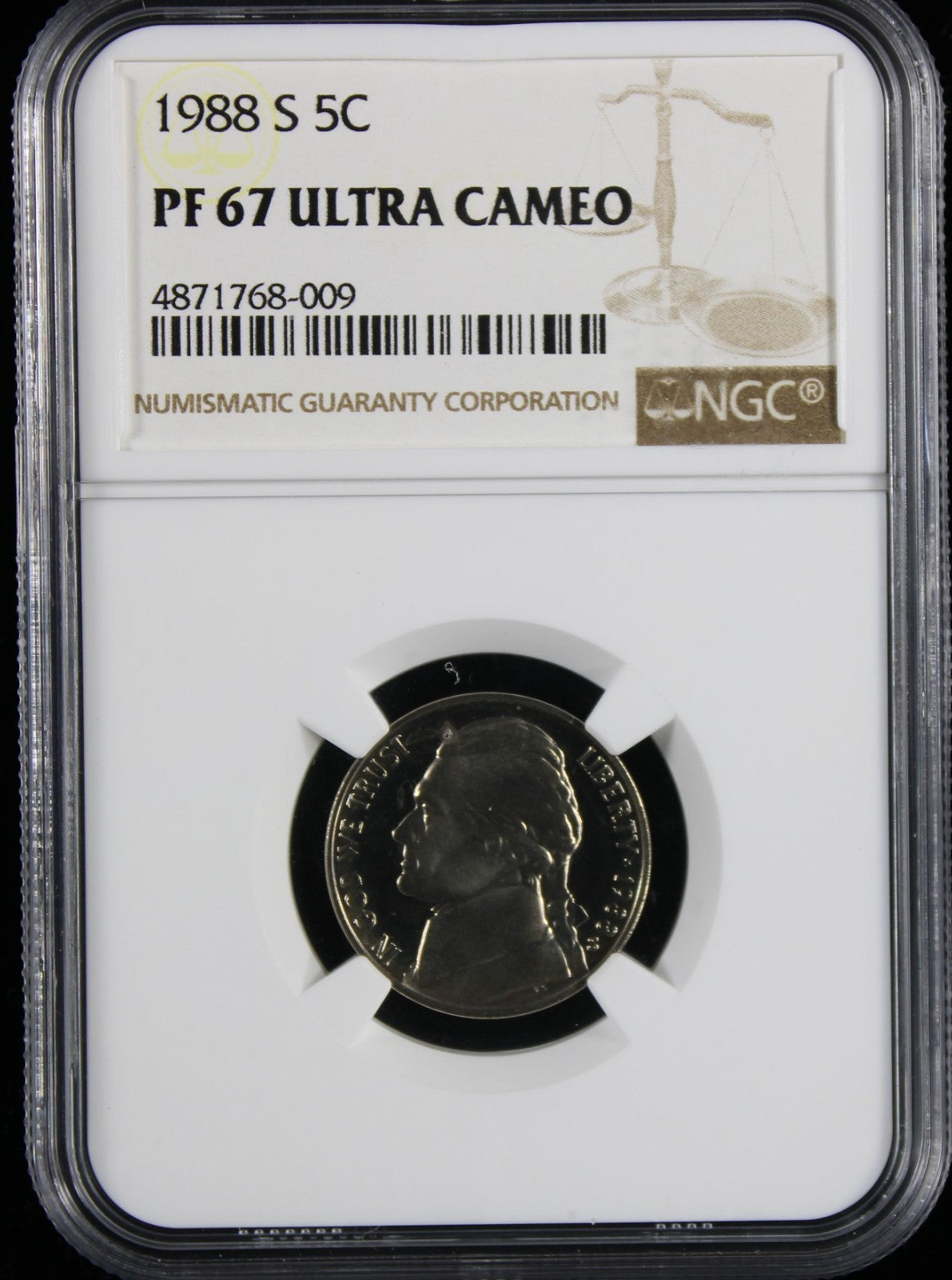 1988-S Jefferson Proof Nickel 5c NGC PF67 Ultra Cameo