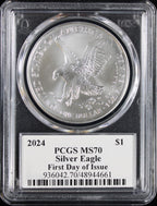 2024 Silver Eagle PCGS MS70 Damstra Signed First Day of Issue