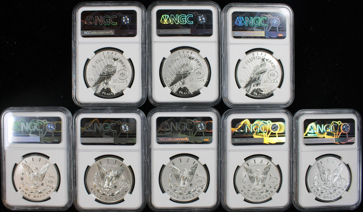 2022 Fiji Morgan and Peace 7 Coin Set First Day of Issue Reverse PF70