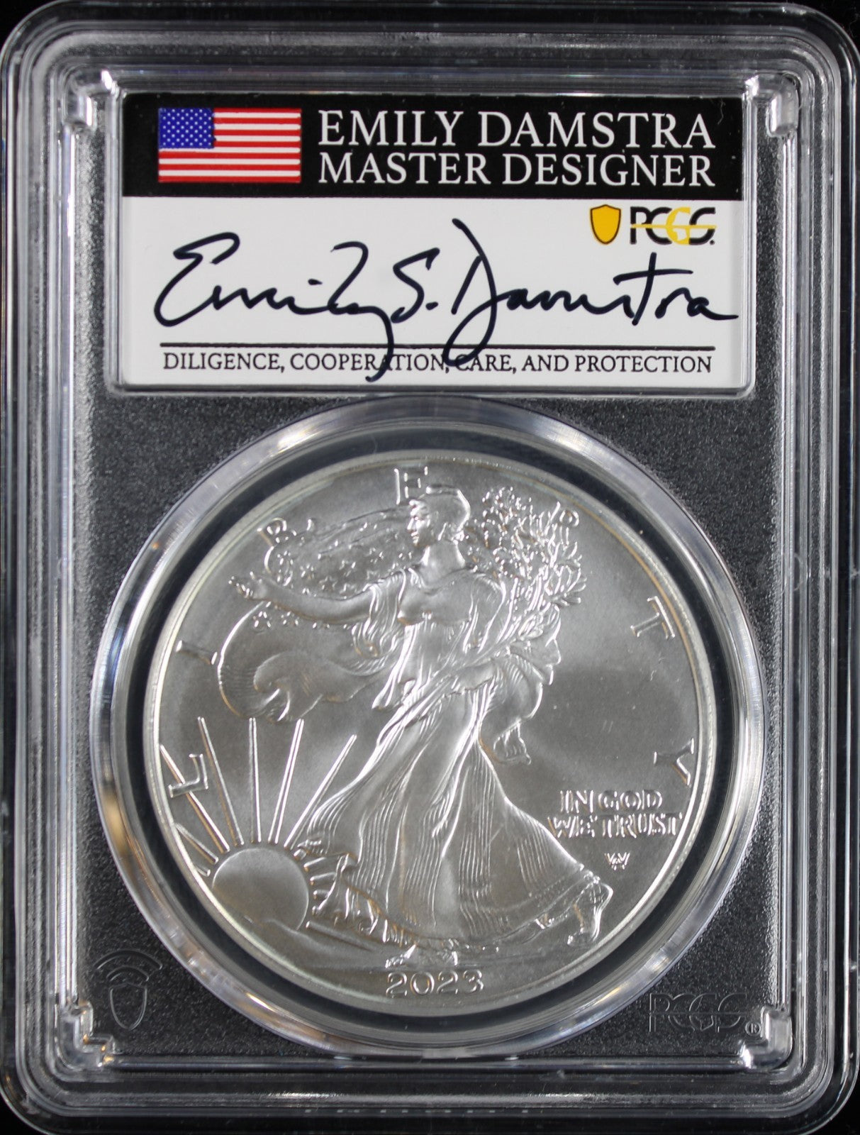 2023-W Burnished Silver Eagle PCGS MS70 Damstra Signed First Day of Issue