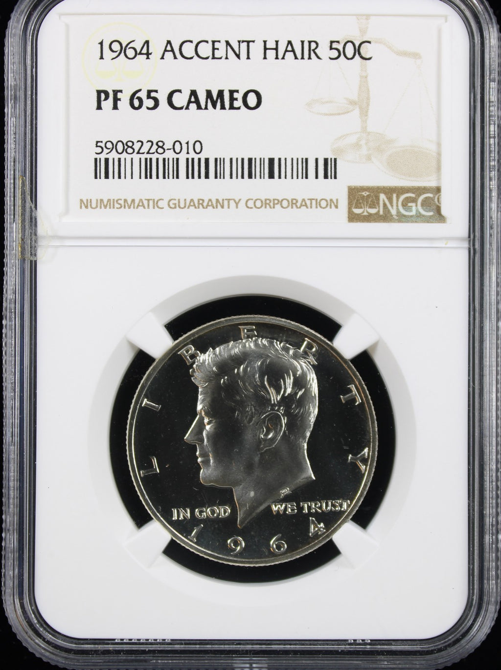 1964 Kennedy Half Dollar 50c NGC PF65 Cameo Accent Hair