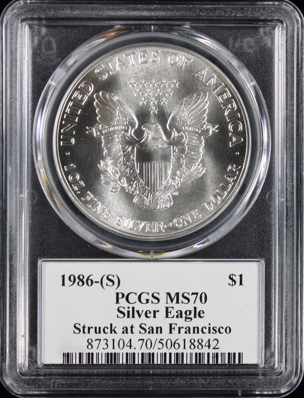 1986-S Silver Eagle PCGS MS70 Mercanti Signed