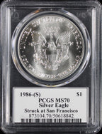 1986-S Silver Eagle PCGS MS70 Mercanti Signed