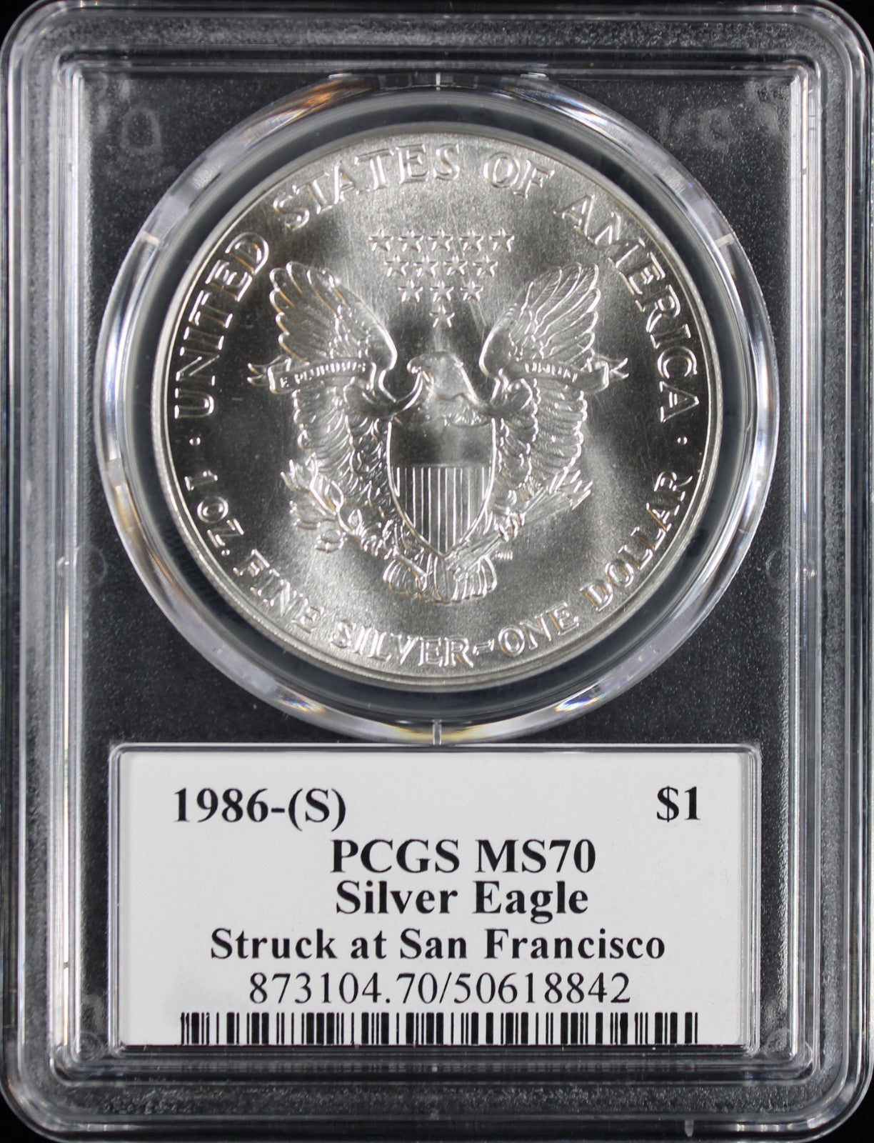 1986-S Silver Eagle PCGS MS70 Mercanti Signed