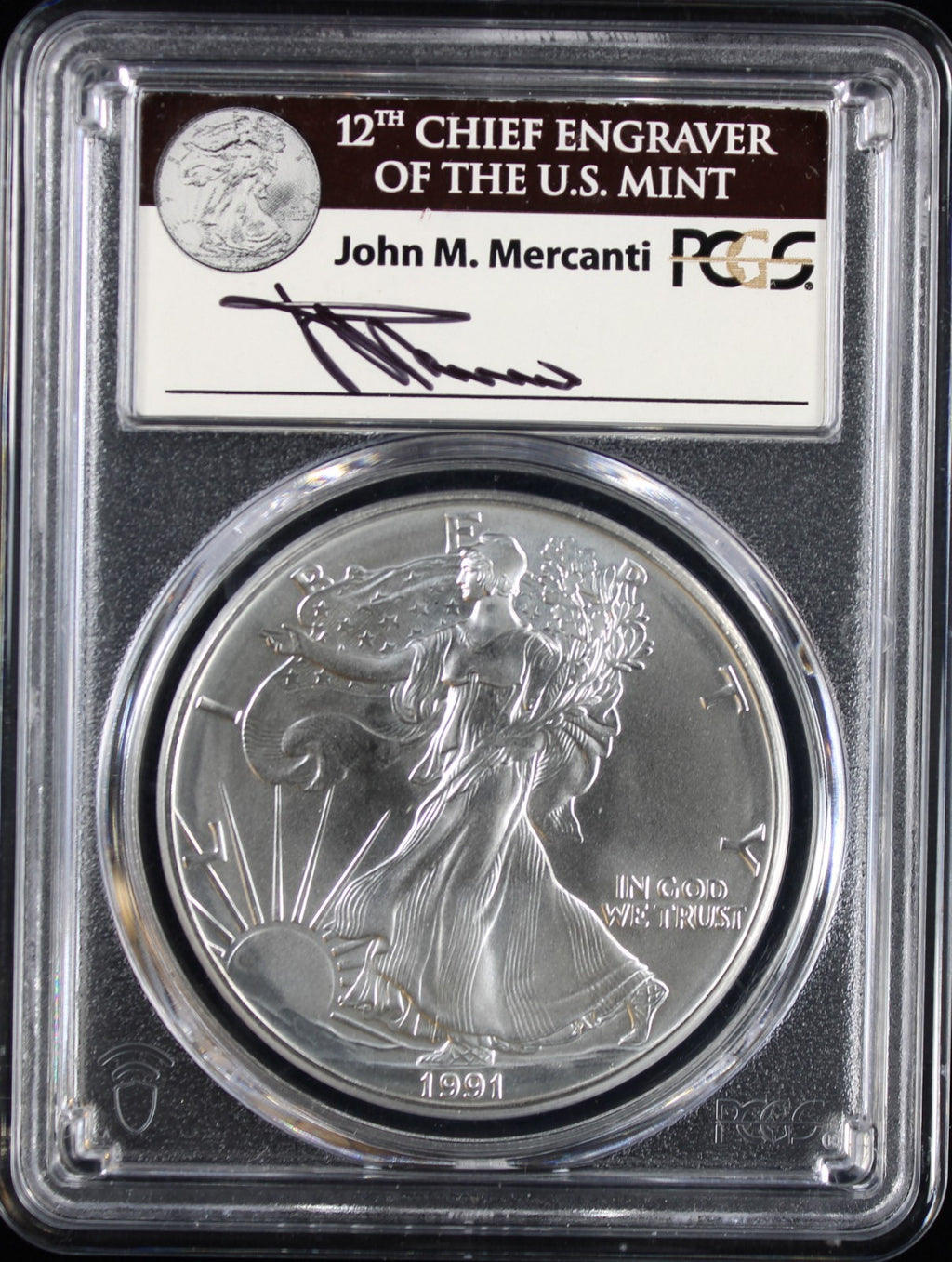 1991 Silver Eagle PCGS MS70 Mercanti Signed