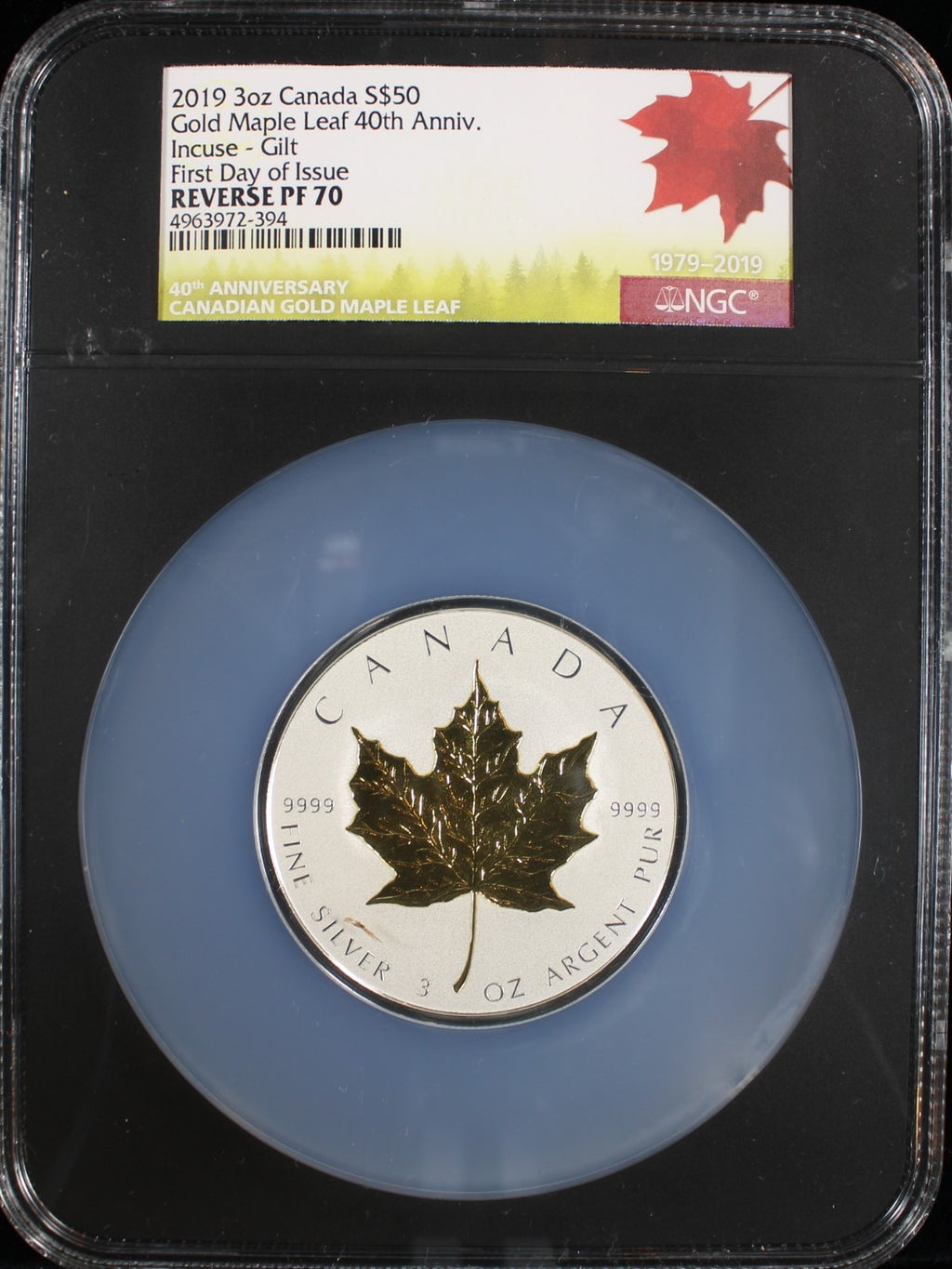 2019 3oz Canada S$50 Gold Maple Leaf Incuse Gilt Reverse PF70 First Day of Issue