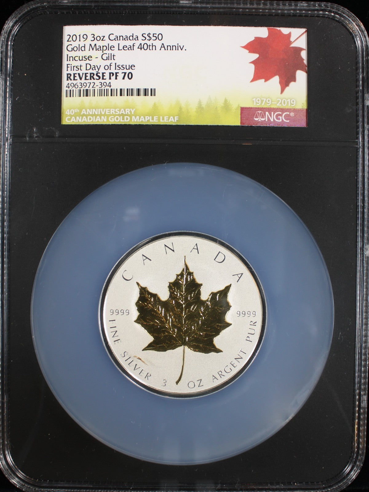 2019 3oz Canada S$50 Gold Maple Leaf Incuse Gilt Reverse PF70 First Day of Issue