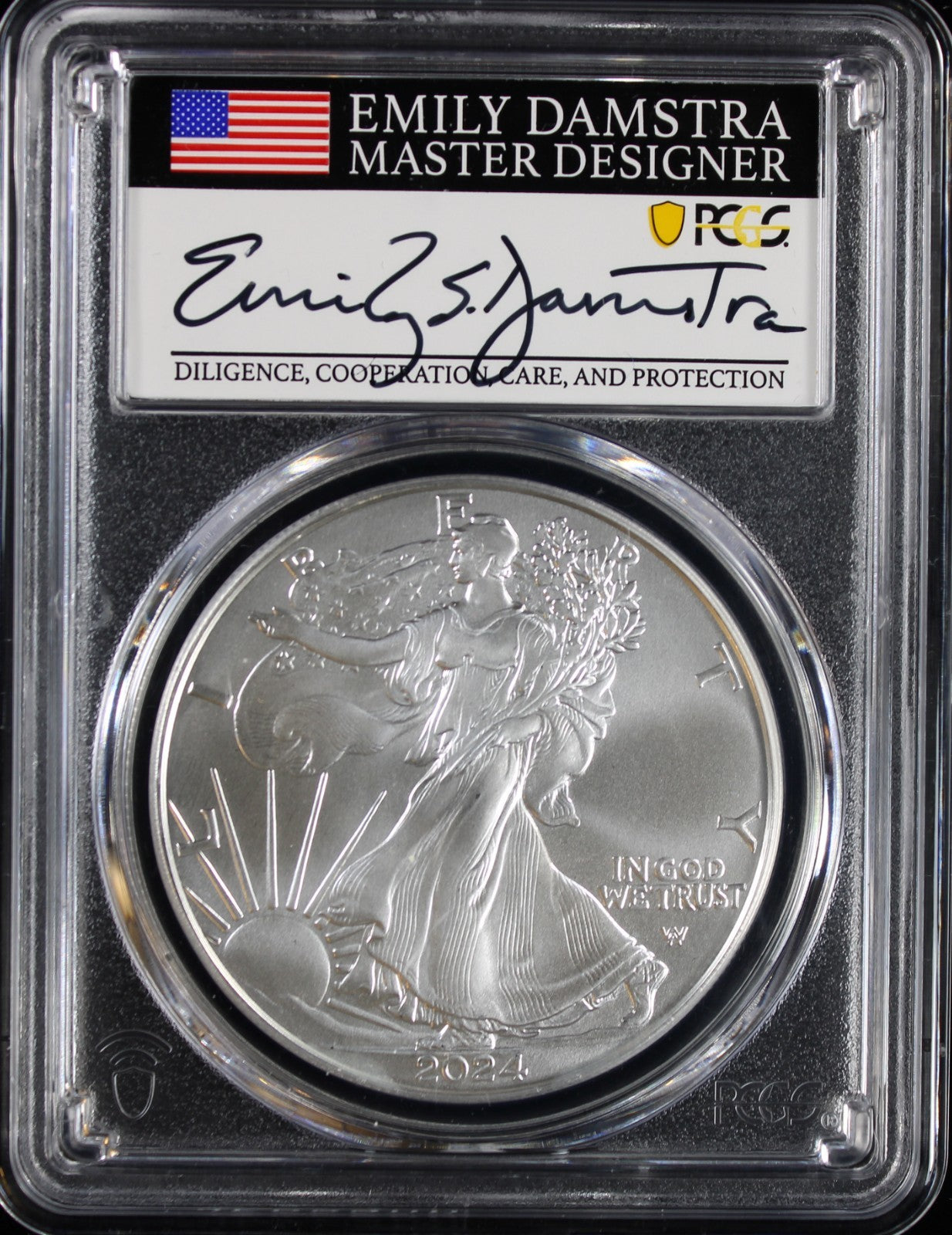 2024 Silver Eagle PCGS MS70 Damstra Signed First Day of Issue