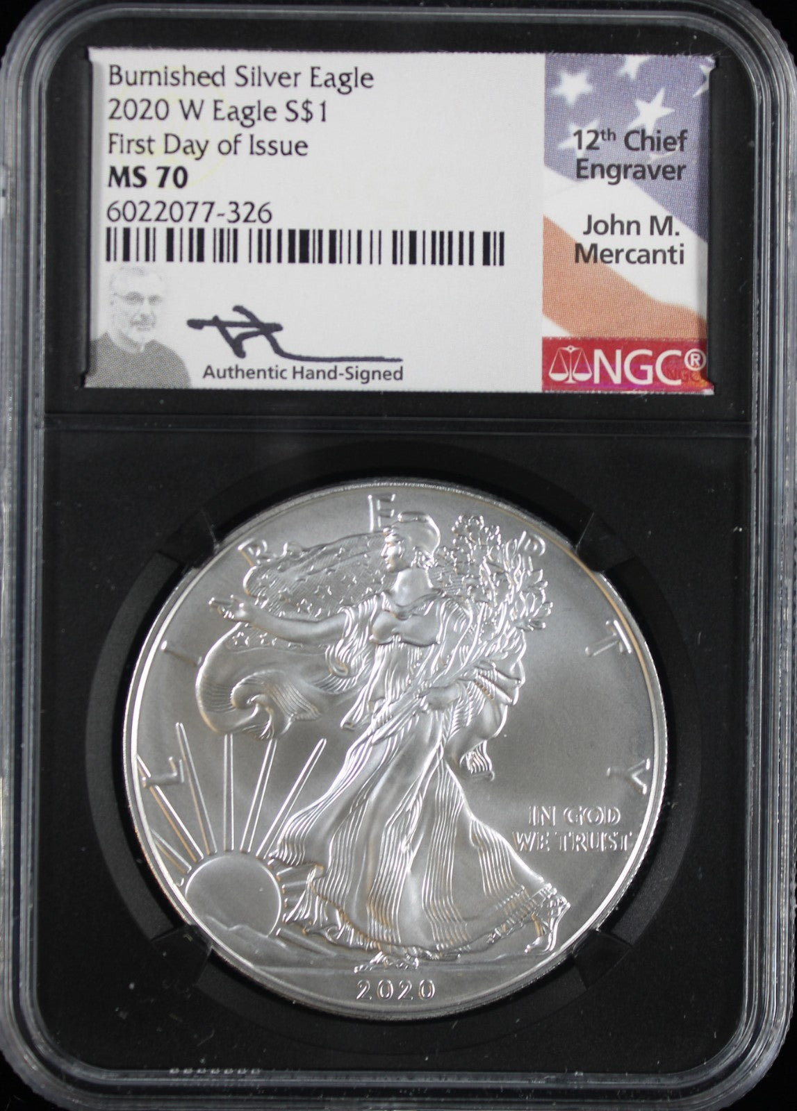 2020-W Silver Eagle NGC MS70 First Day of Issue Mercanti Signed