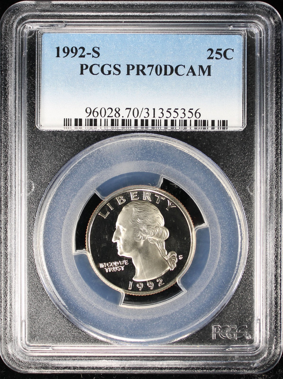 1992-S Proof Washington Quarter 25c PCGS PR70 DCAM Deep Cameo