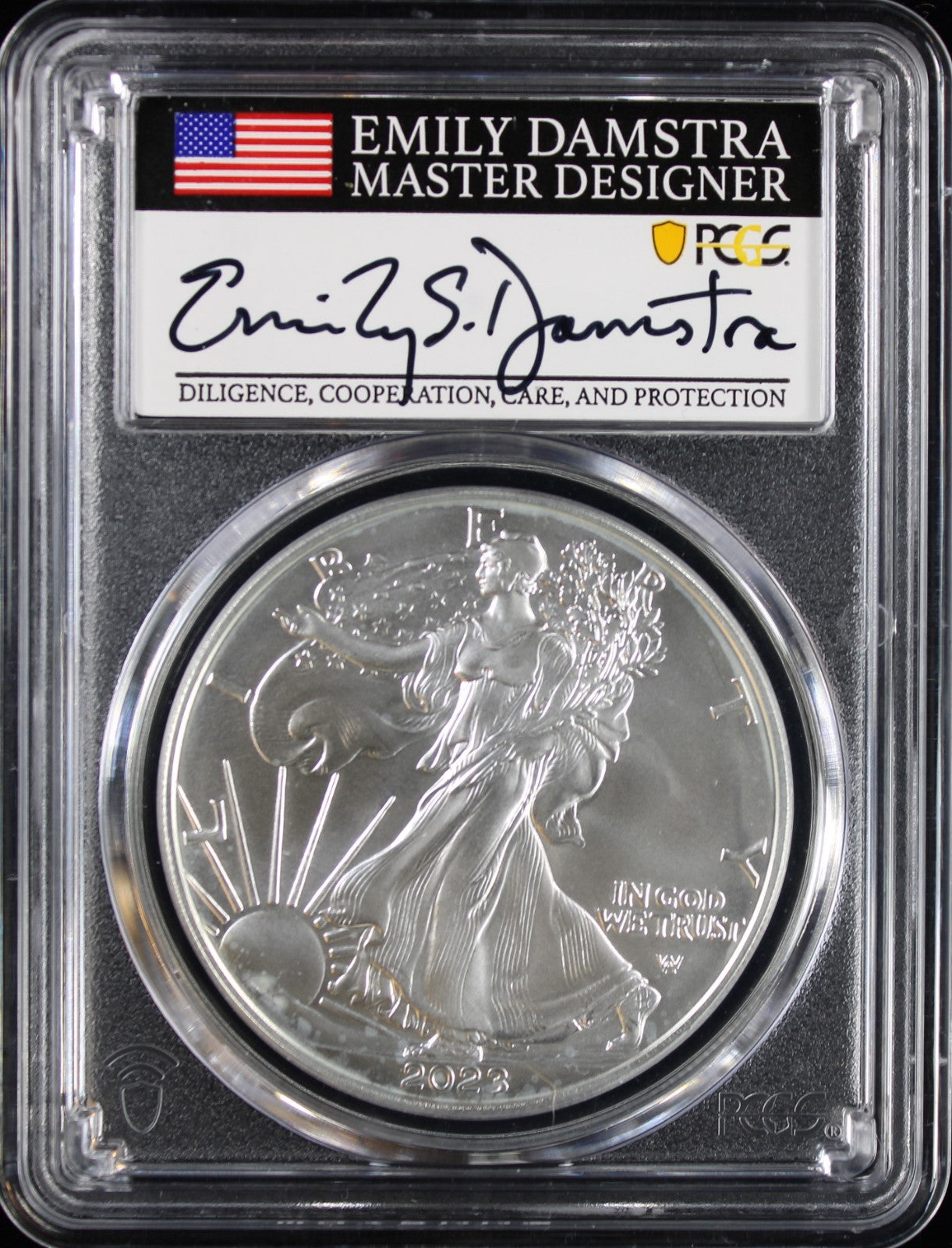 2023-W Burnished Silver Eagle PCGS MS70 Damstra Signed First Day of Issue