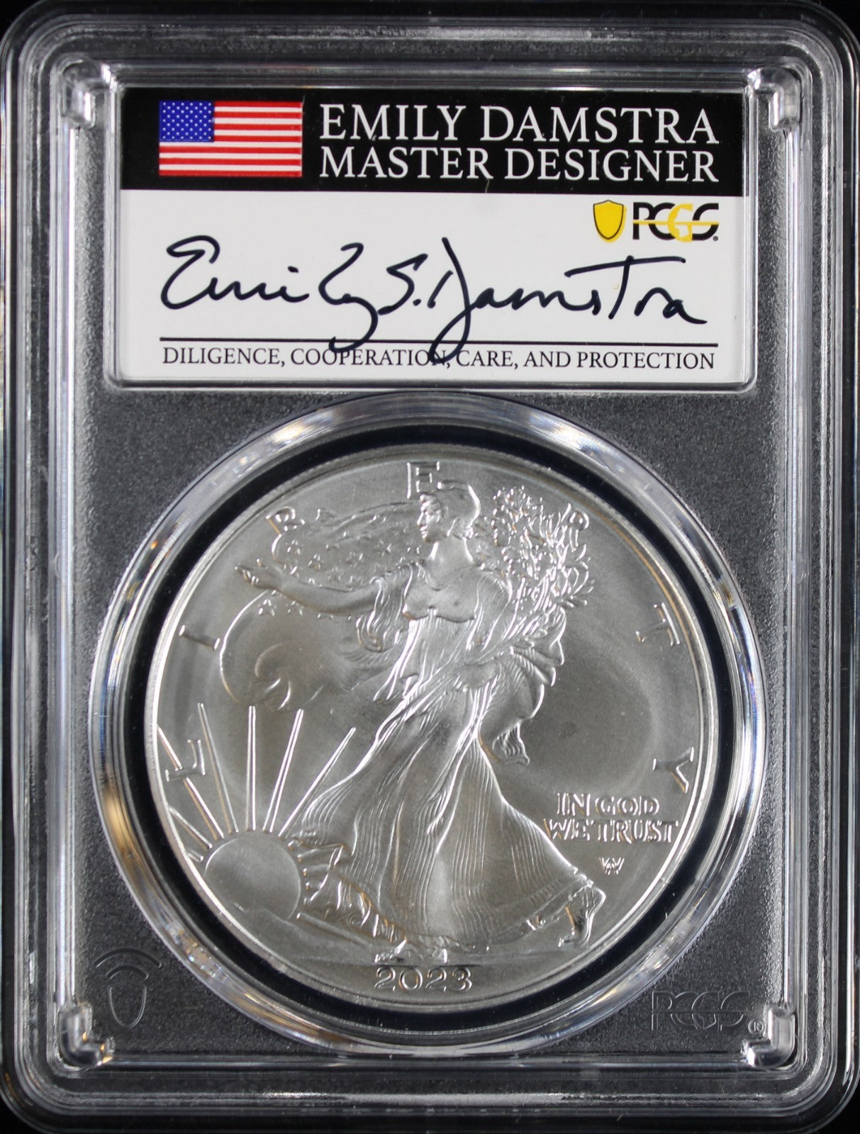 2023 Silver Eagle PCGS MS70 Damstra Signed First Day of Issue