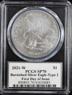 2021-W T2 Silver Eagle PCGS MS70 Damstra Signed First Day of Issue